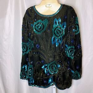 Fantasy by Lisa Kane Vintage XL Silk Beaded Top Black Blue Sequin Floral Beaded